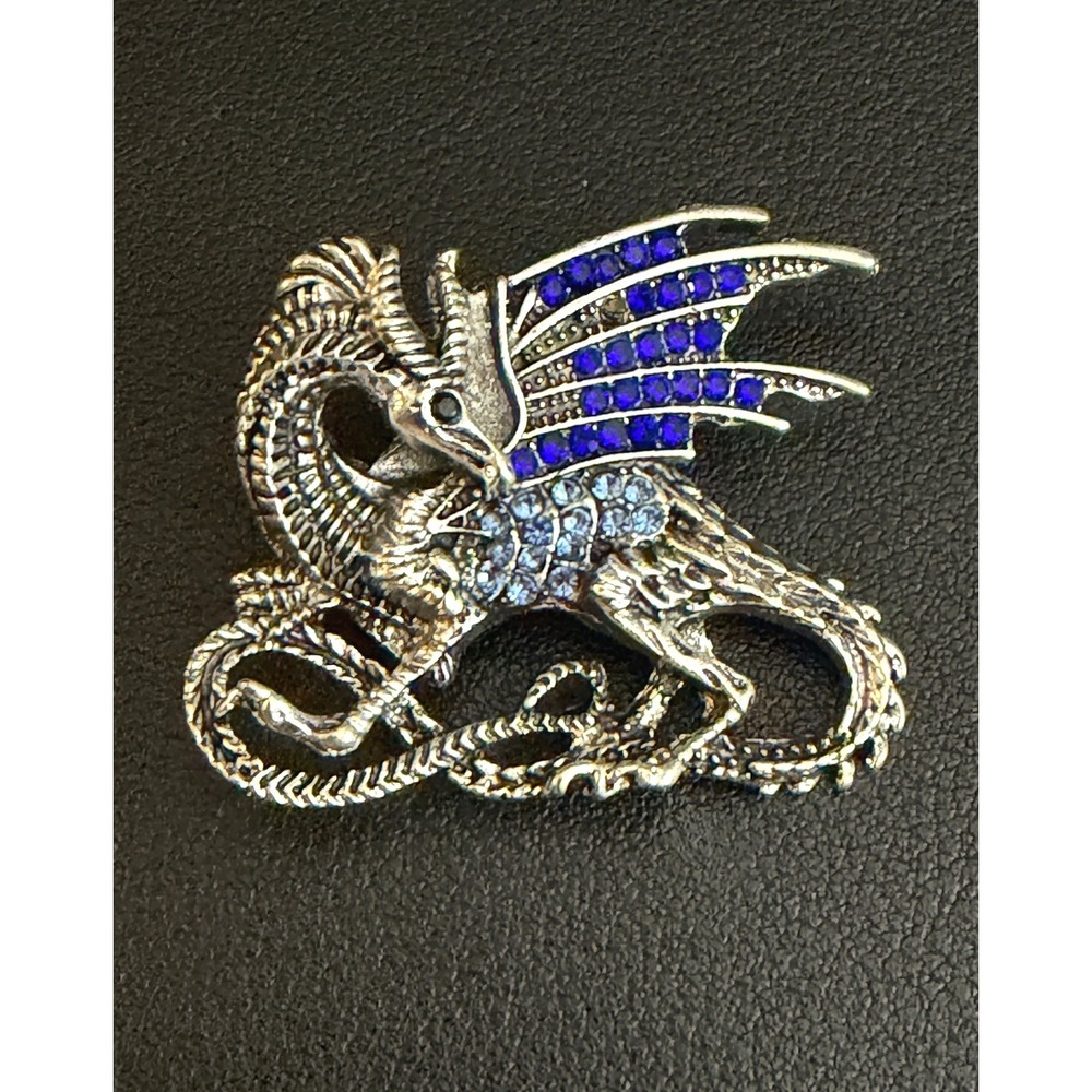 Dragon Brooch Rhinestone Fantasy Silver Blue